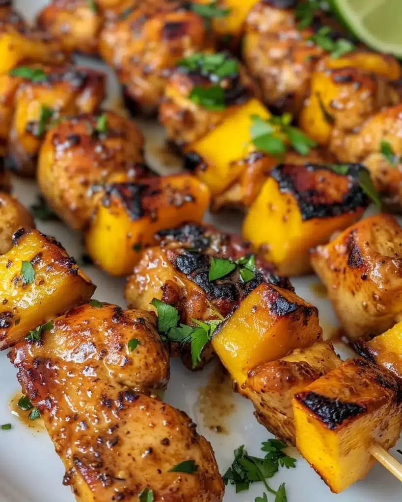Delicious sweet, smoky, and spicy chicken skewers on a grill