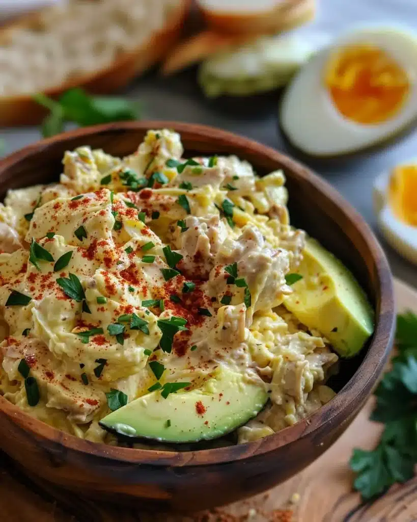 Tuna avocado deviled eggs garnished with herbs on a plate.