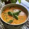 Bowl of velvety tomato soup garnished with fresh basil and croutons.