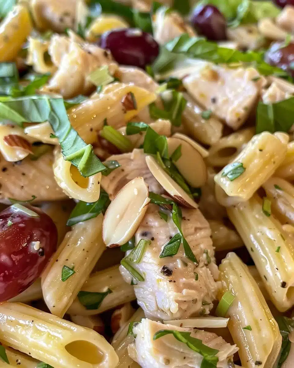 Waldorf-style chicken pasta salad with apples and nuts in a bowl
