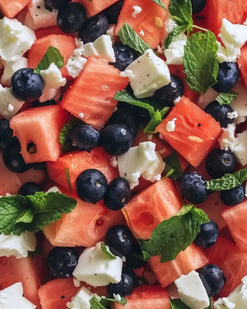 Colorful watermelon salad with blueberries and feta cheese served in a bowl
