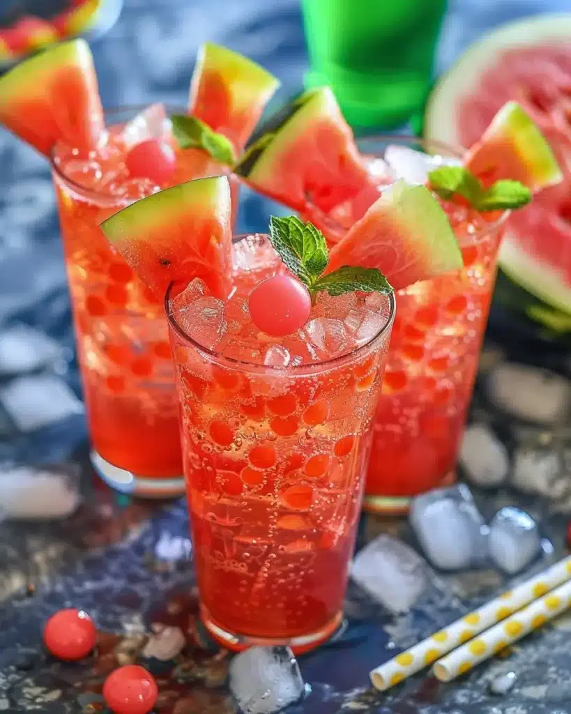 Watermelon popping boba in a colorful drink