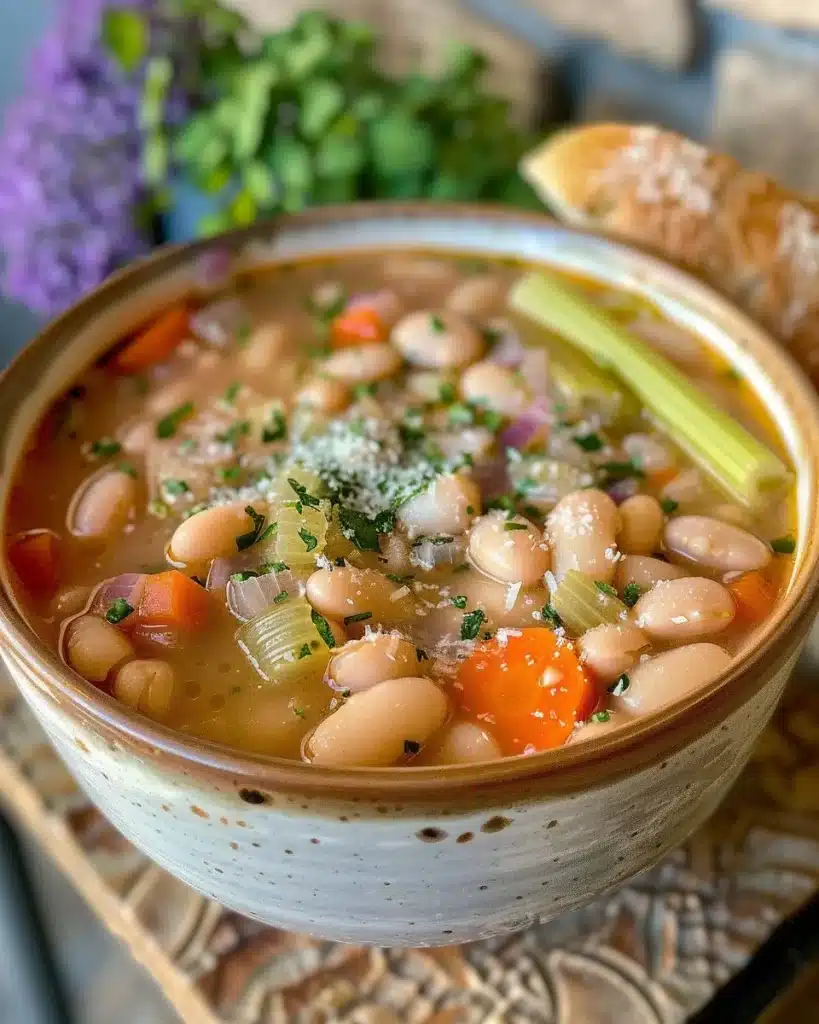 A bowl of white bean soup garnished with herbs and served with crusty bread.