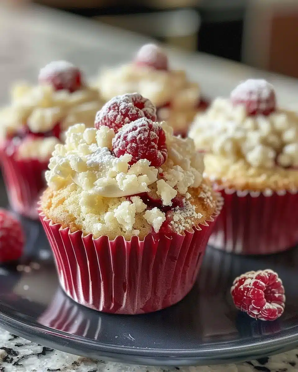 Delicious freshly baked White Chocolate Raspberry Muffins on a cooling rack.