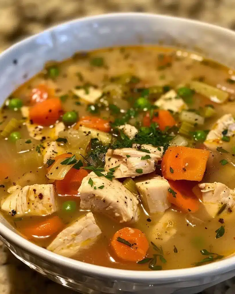 A bowl of Wholesome Chicken Pot Pie Soup topped with fresh herbs and flaky crust.