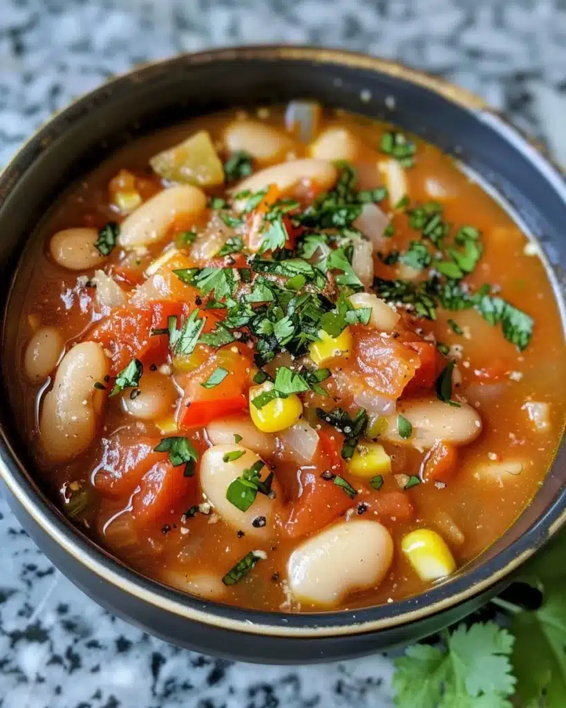Bowl of wholesome white bean chili garnished with fresh herbs and spices.