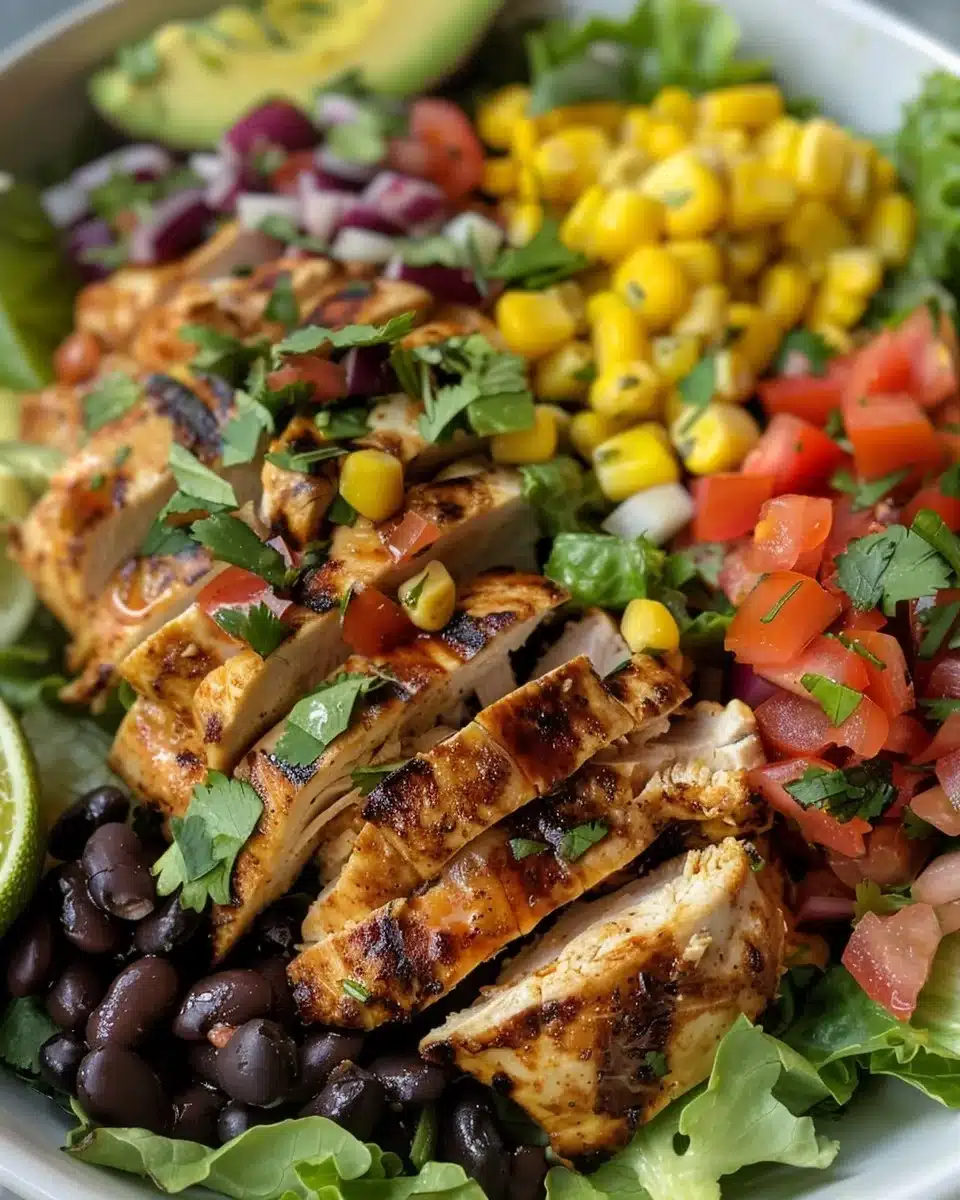 Zesty Southwest Chicken Salad Bowl topped with fresh veggies and grilled chicken