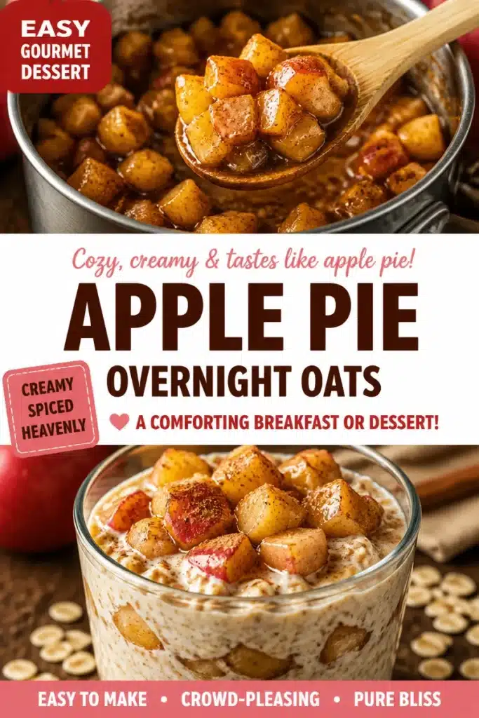 Bowl of creamy apple pie overnight oats topped with cinnamon and apple slices.
