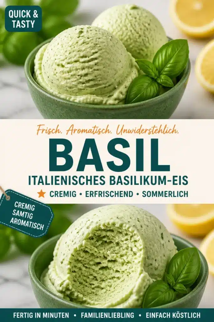 Erfrischende Basil-Eiscreme in einer Schale mit frischem Basilikum.
