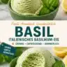 Erfrischende Basil-Eiscreme in einer Schale mit frischem Basilikum.