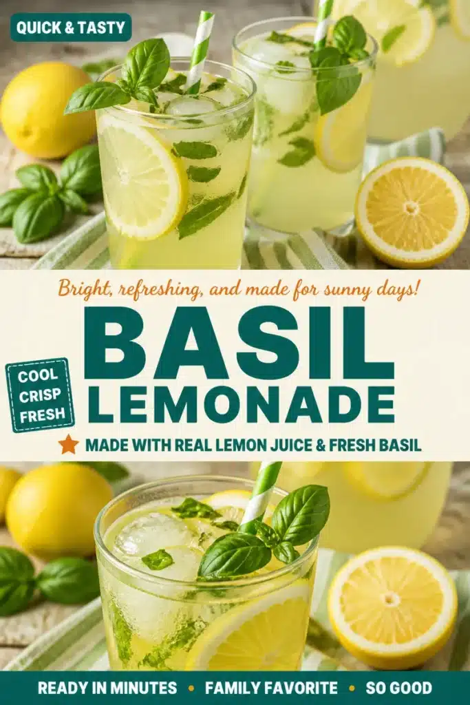 A refreshing glass of basil lemonade with lemon slices and fresh basil leaves.