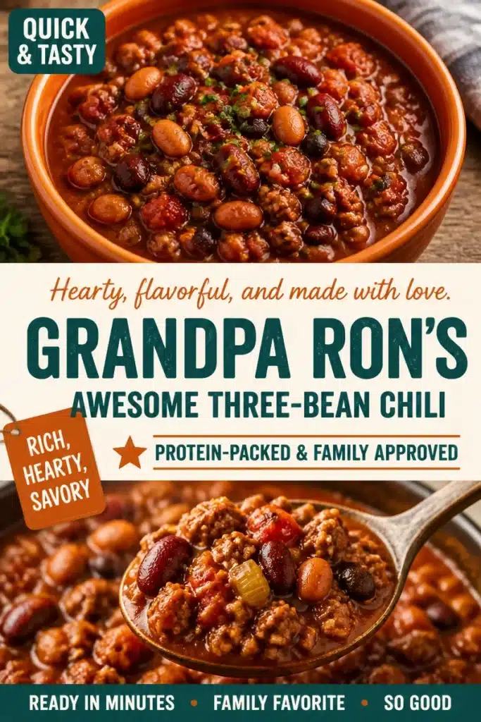 Bowl of hearty beef and three-bean chili topped with fresh herbs