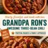 Bowl of hearty beef and three-bean chili topped with fresh herbs