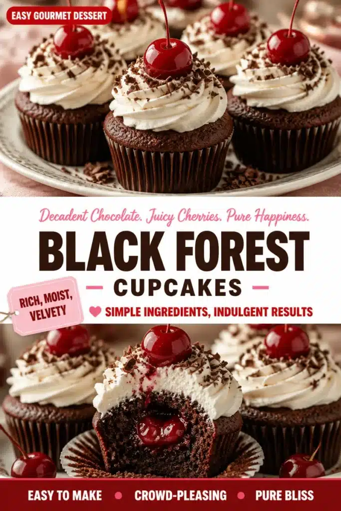 Delicious Black Forest Cupcakes topped with cherries and whipped cream