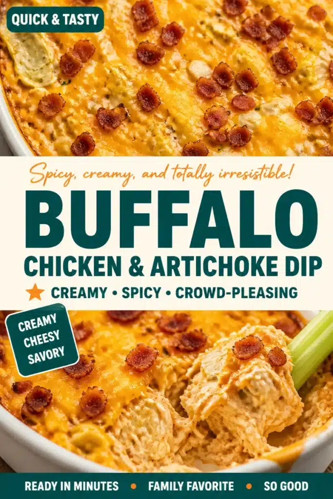 Buffalo Chicken Artichoke Dip served in a bowl with tortilla chips