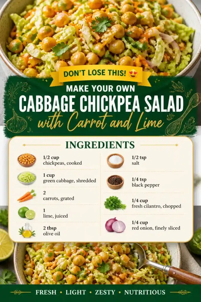 Cabbage chickpea salad with carrot and lime in a vibrant bowl.