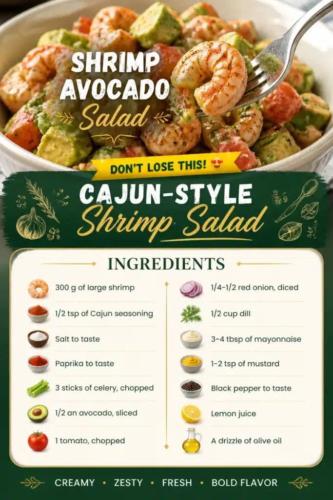Cajun-style shrimp salad with vibrant vegetables and spices served in a bowl.