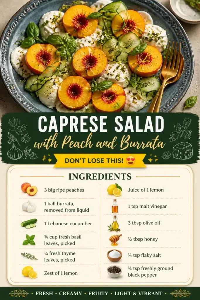 Caprese Salad with Peach and Burrata served on a platter