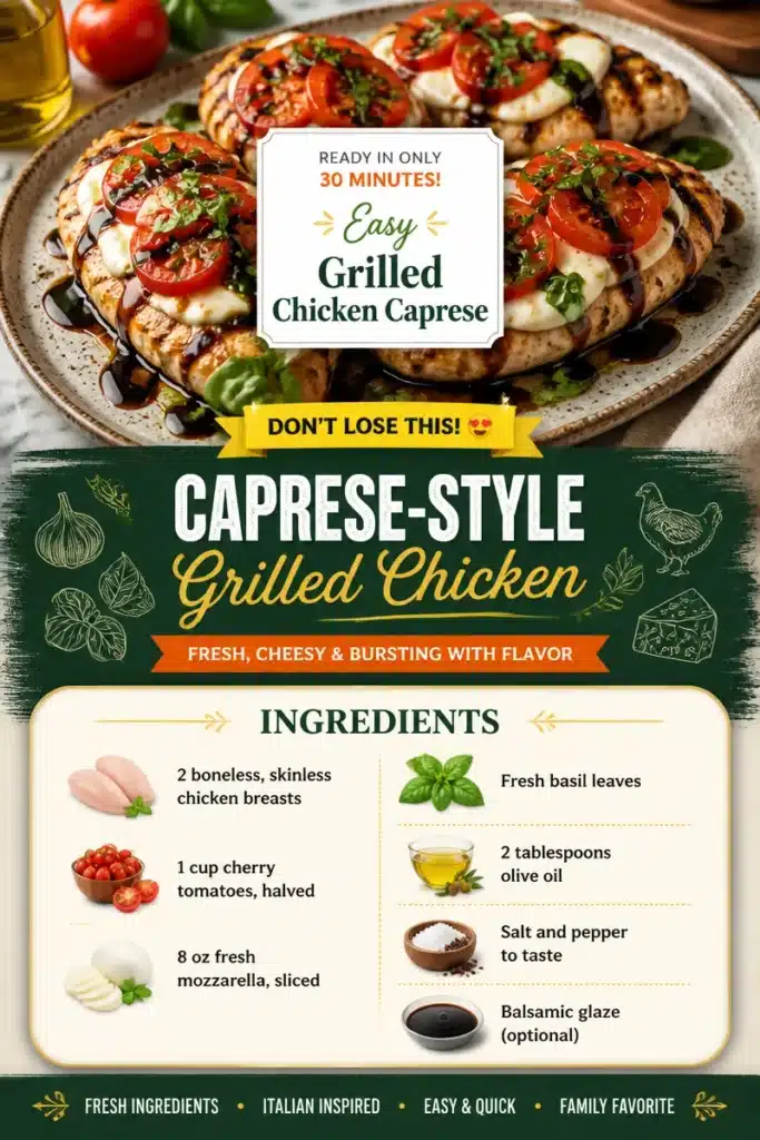 Delicious Caprese-style grilled chicken topped with fresh tomatoes and basil