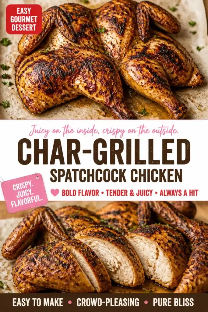 Delicious char-grilled spatchcock chicken served on a plate with herbs.
