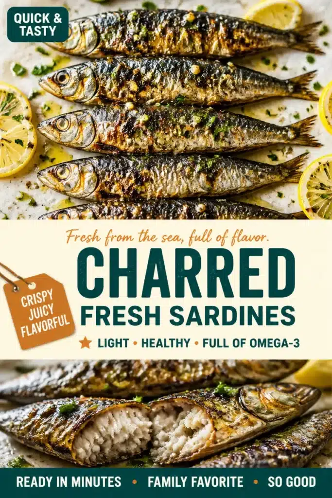 Grilled charred fresh sardines served on a plate with herbs and lemon.