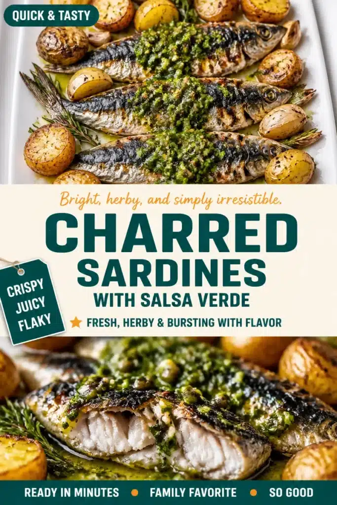 Plate of charred sardines served with fresh salsa verde
