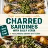 Plate of charred sardines served with fresh salsa verde