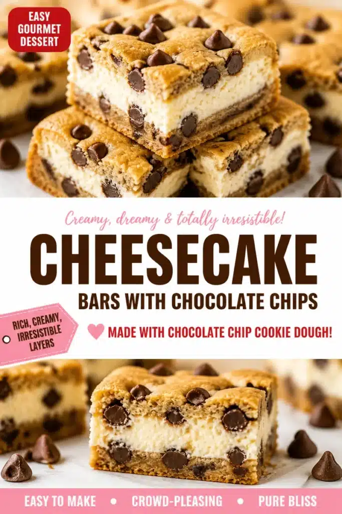 Delicious cheesecake bars topped with chocolate chips, served on a plate.