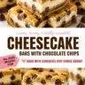 Delicious cheesecake bars topped with chocolate chips, served on a plate.
