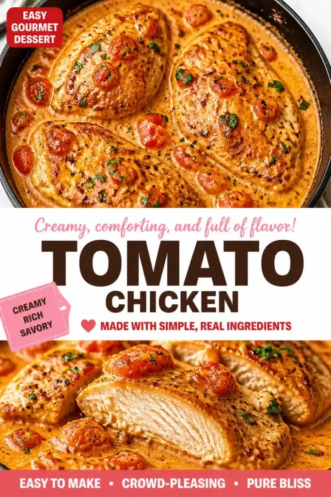 Plate of chicken in creamy tomato sauce garnished with herbs