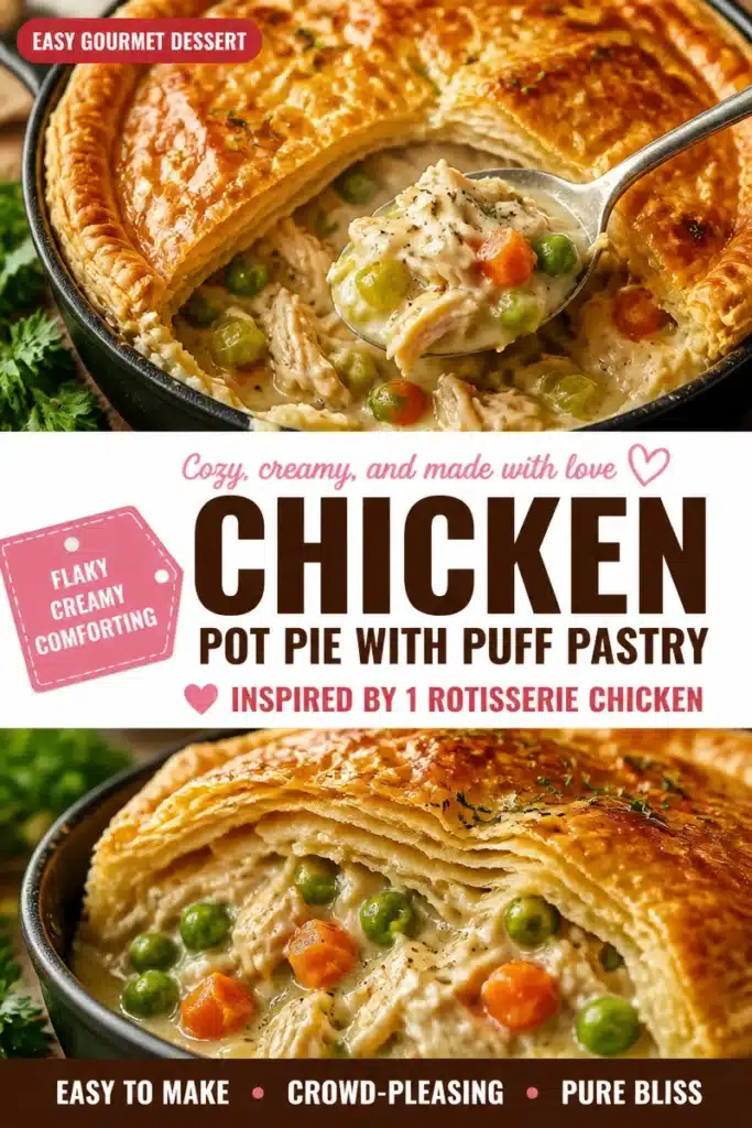 Chicken pot pie with puff pastry crust and creamy filling on a rustic table