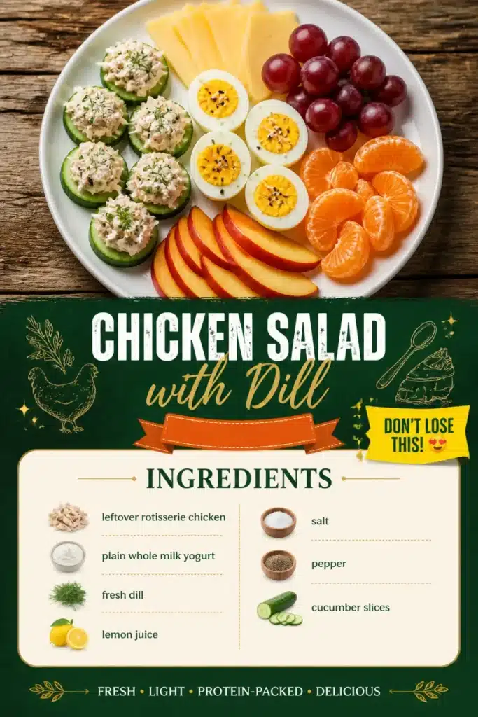 Chilled chicken salad with fresh dill, served in a bowl with colorful vegetables.