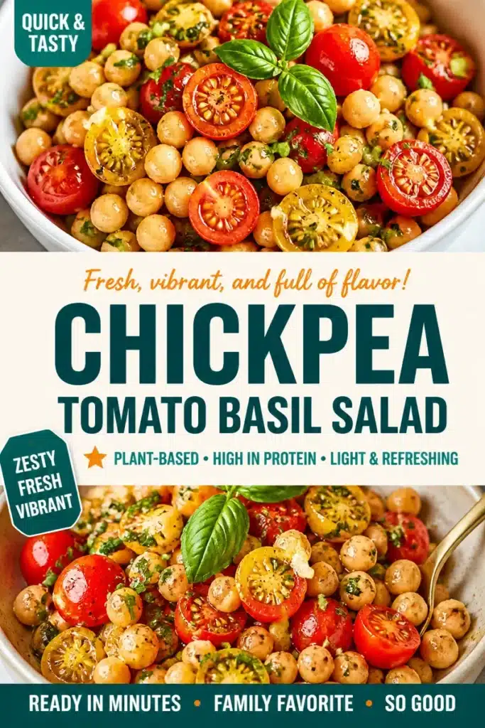 Chickpea salad with tomatoes and basil in a bowl