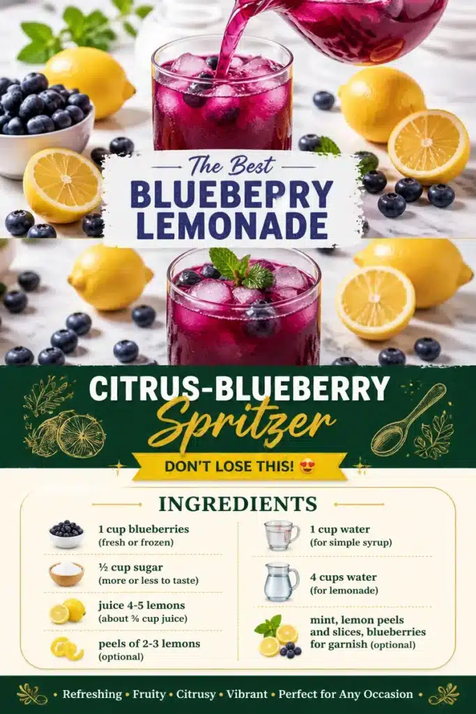 Citrus-Blueberry Spritzer in a glass with fresh blueberries and citrus slices