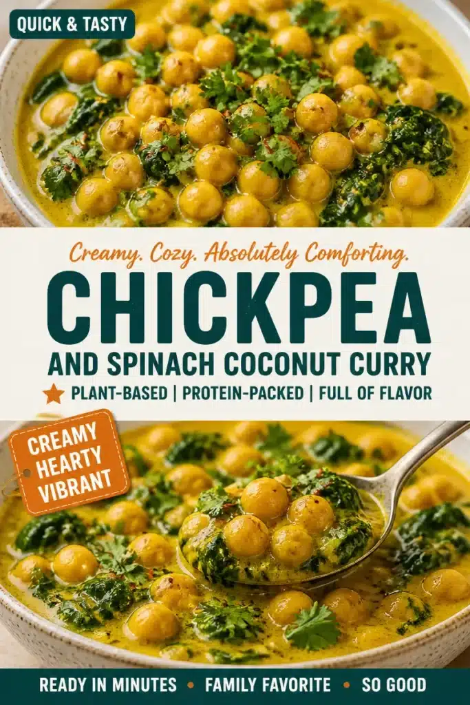 Bowl of delicious Coconut Chickpea and Spinach Curry garnished with herbs