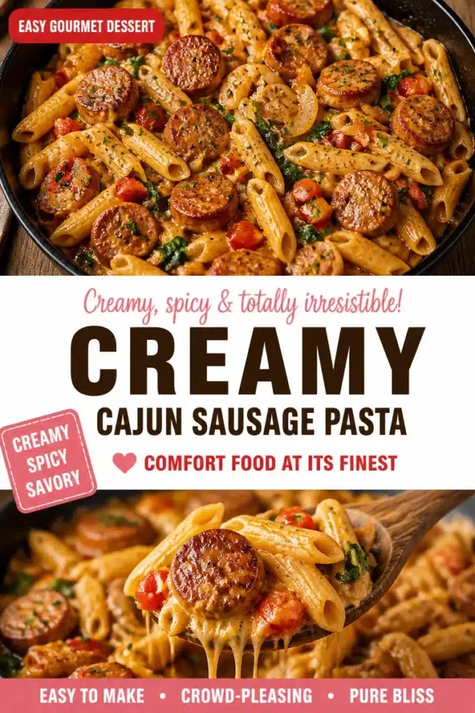 Creamy Cajun sausage pasta dish with colorful bell peppers and herbs