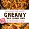 Creamy Cajun sausage pasta dish with colorful bell peppers and herbs