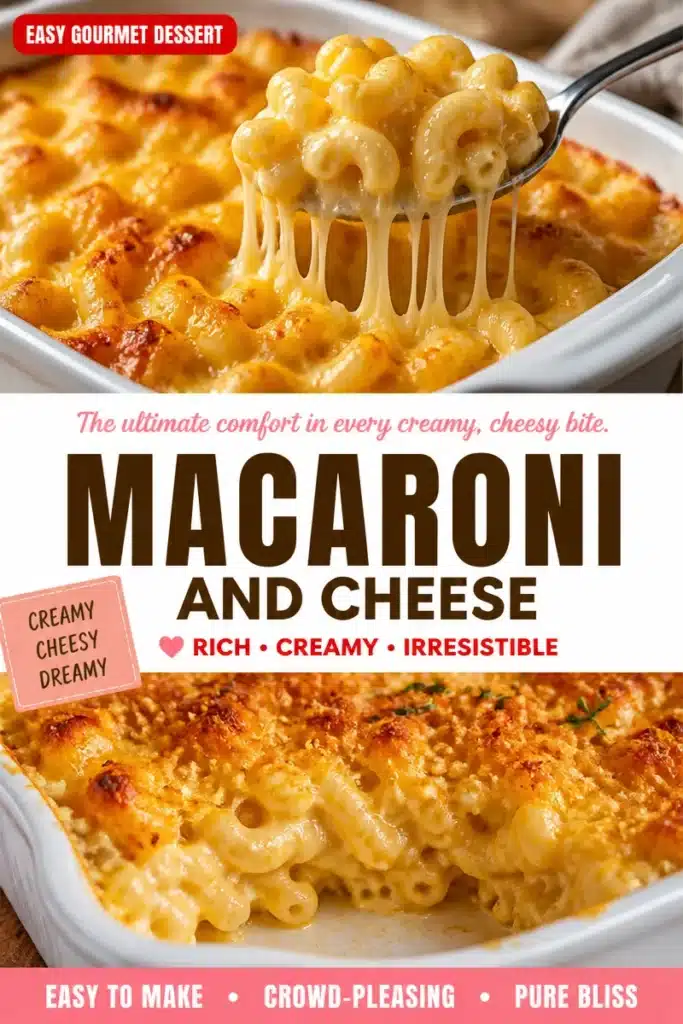 Delicious creamy cheddar baked macaroni and cheese topped with golden breadcrumbs