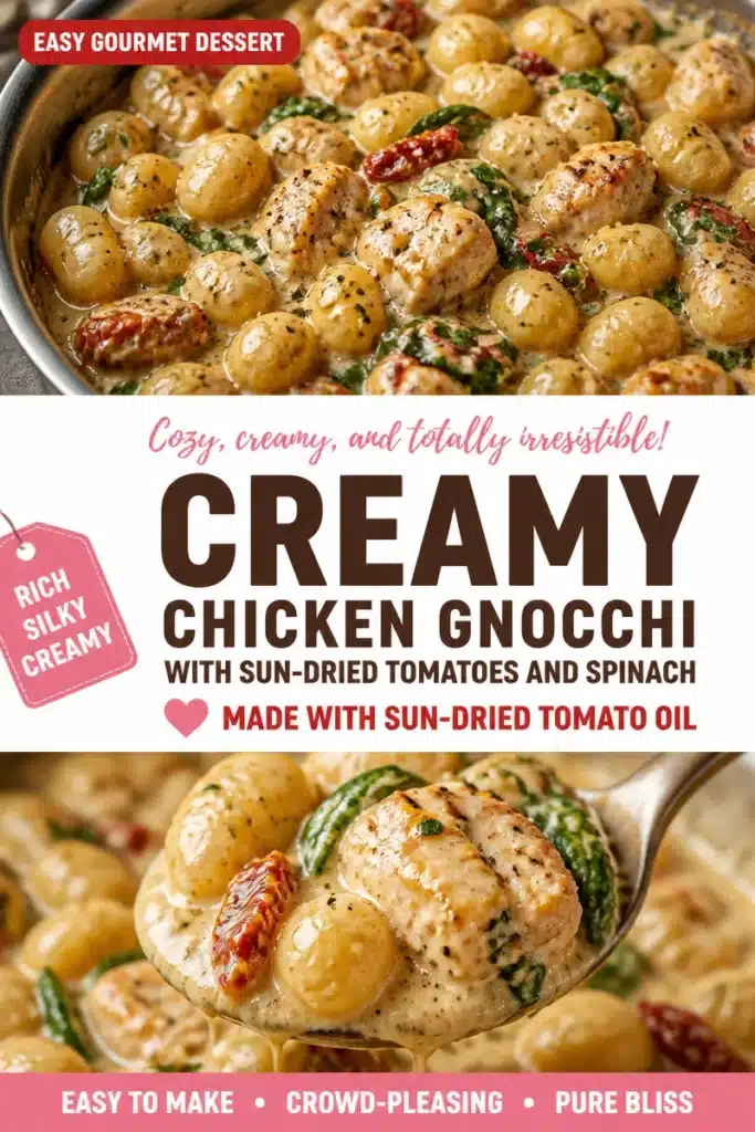 Creamy chicken gnocchi with sun-dried tomatoes and spinach in a bowl