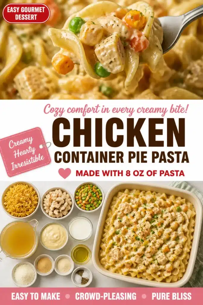 Creamy chicken pot pie pasta skillet served in a bowl with herbs