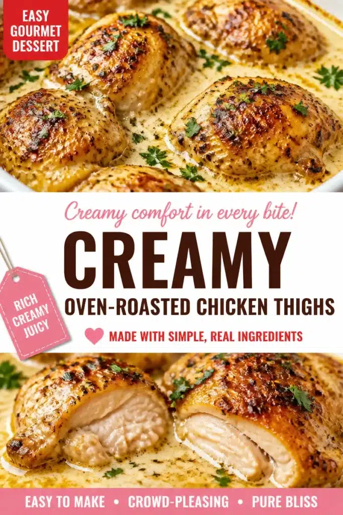 Creamy oven-roasted chicken thighs served on a plate with herbs.