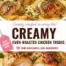 Creamy oven-roasted chicken thighs served on a plate with herbs.