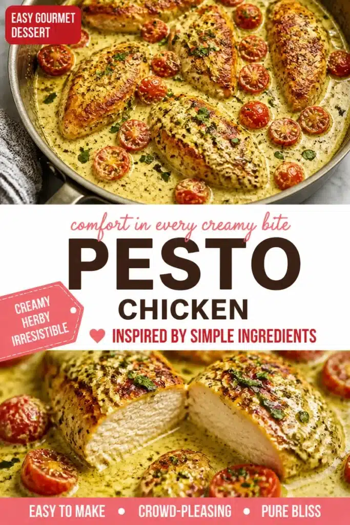 Plate of creamy pesto chicken served with herbs and vegetables