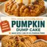Delicious creamy pumpkin dump cake topped with whipped cream and spices.