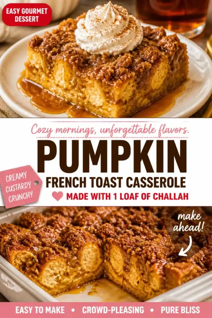 Creamy pumpkin French toast bake served with syrup and whipped cream