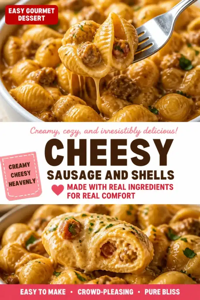 Creamy sausage shells dish topped with herbs and cheese