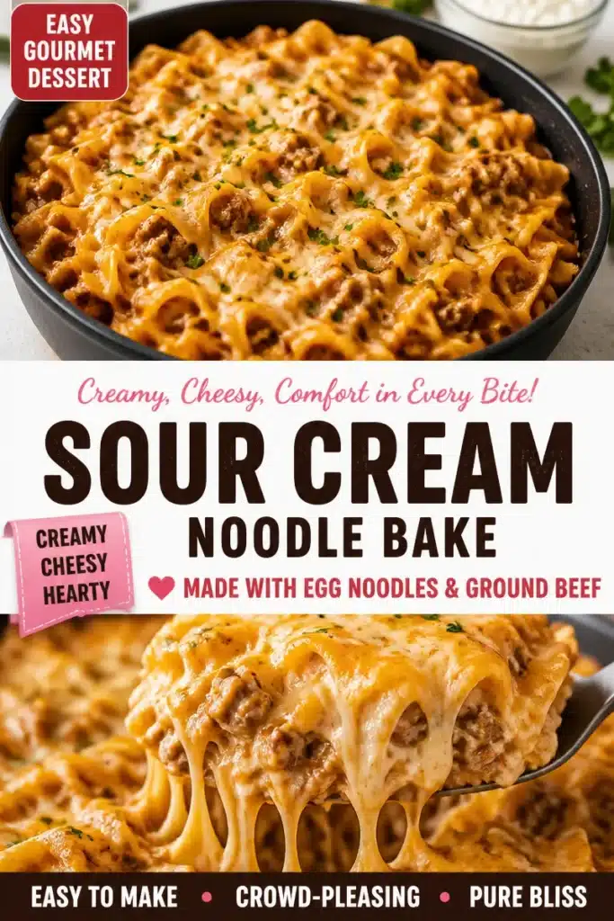 Creamy sour cream noodle bake casserole topped with cheese