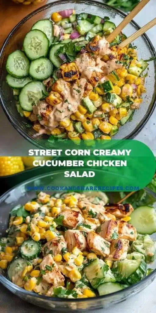 Creamy street corn chicken salad with cucumber served in a bowl