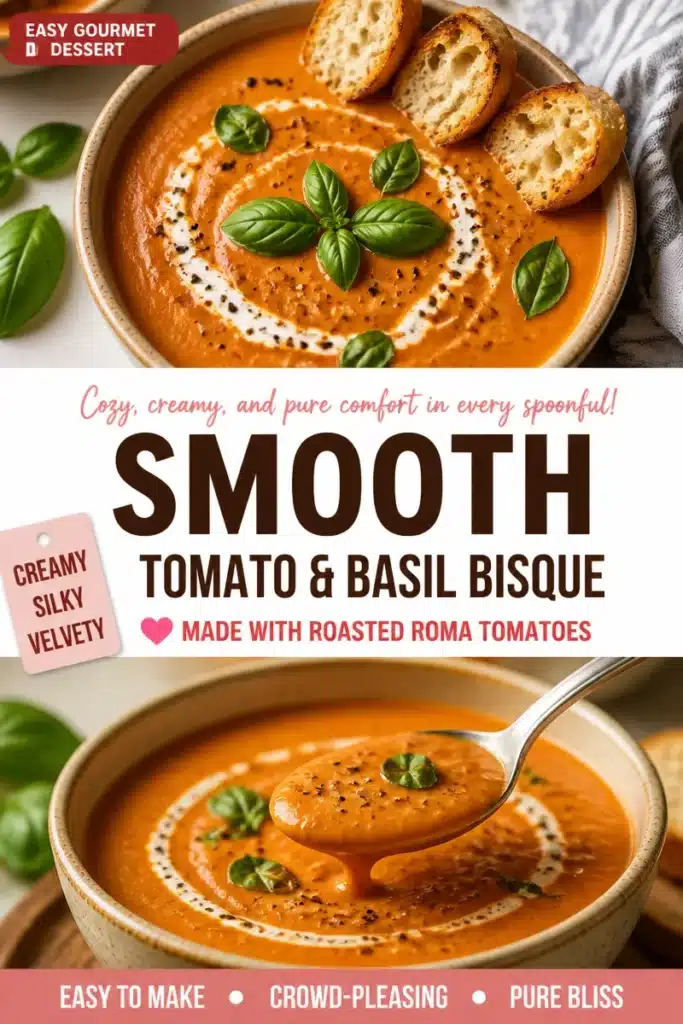 Creamy Tomato Basil Bisque in a bowl with fresh basil garnish