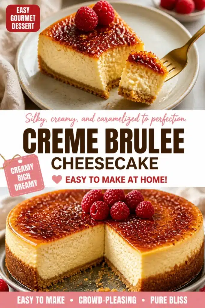 A slice of decadent creme brulee cheesecake with a caramelized sugar topping.